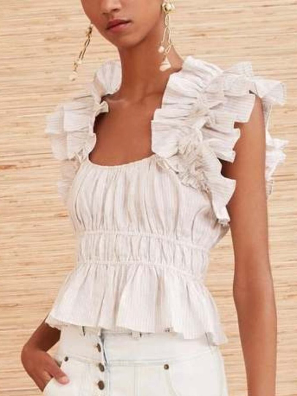 Ulla Johnson Paloma Ruffled Peplum Linen Top Neutral Sand - Picture 1 of 12
